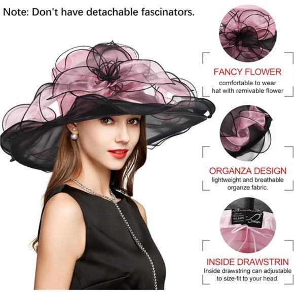 Derby Hats for Women, Classy Organza Sun Hat, Pink Black
